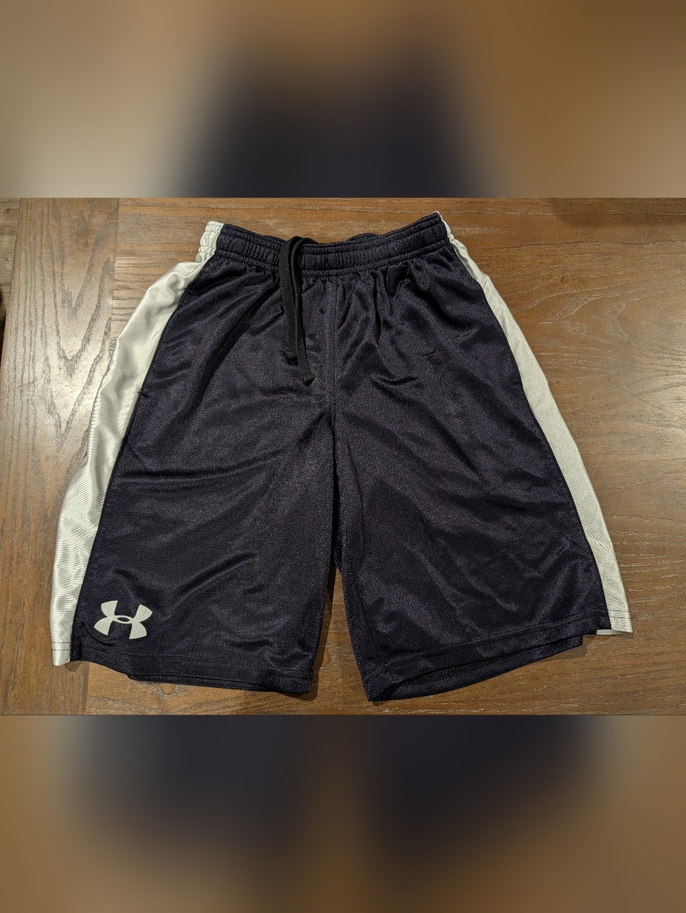 Under Armour Boys Black Athletic Shorts with White Side Panels and Logo